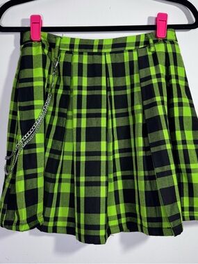 Hot Topic Green Plaid Pleated Mini Skirt Chain XS Grunge Punk